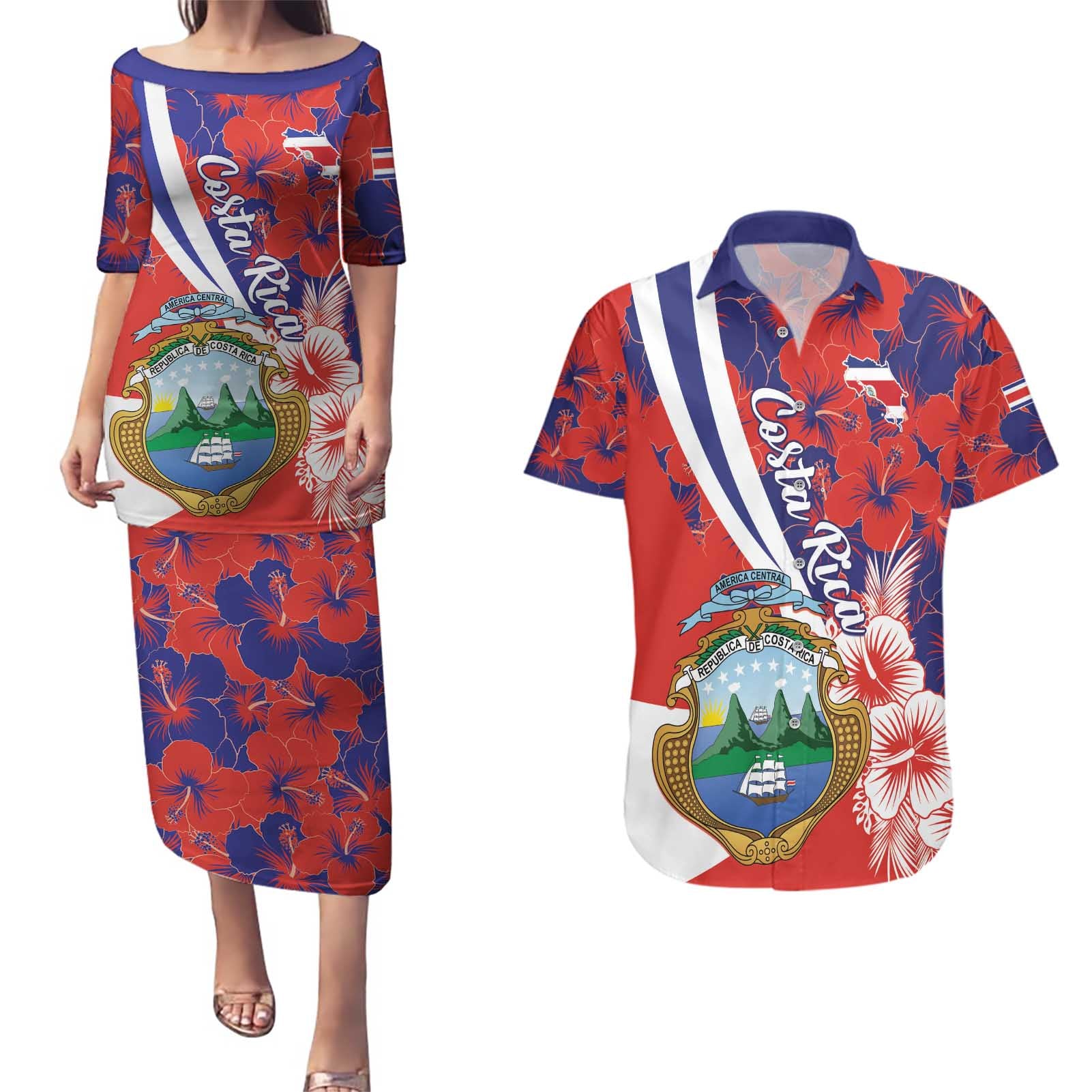 Costa Rica Couples Matching Puletasi and Hawaiian Shirt Coat of Arms Hibiscus Pattern - Wonder Print Shop