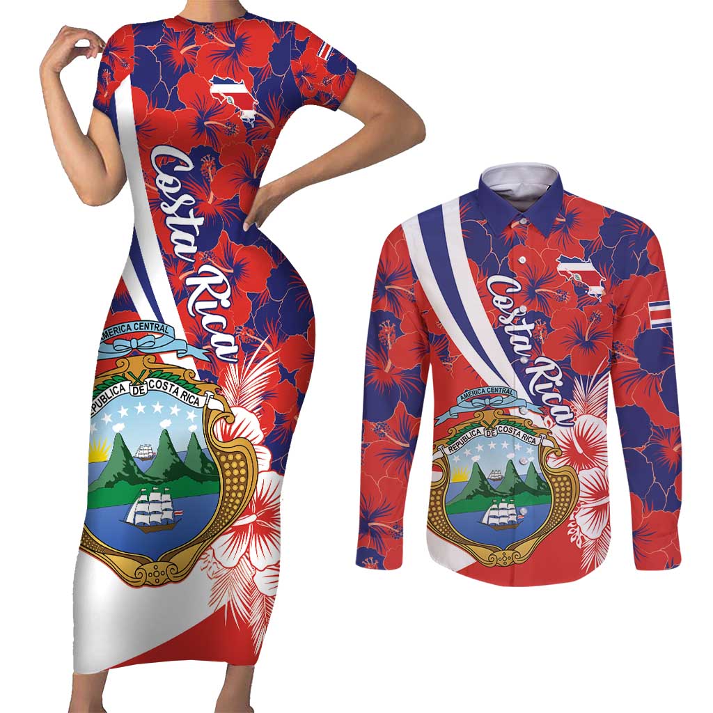 Costa Rica Couples Matching Short Sleeve Bodycon Dress and Long Sleeve Button Shirt Coat of Arms Hibiscus Pattern - Wonder Print Shop