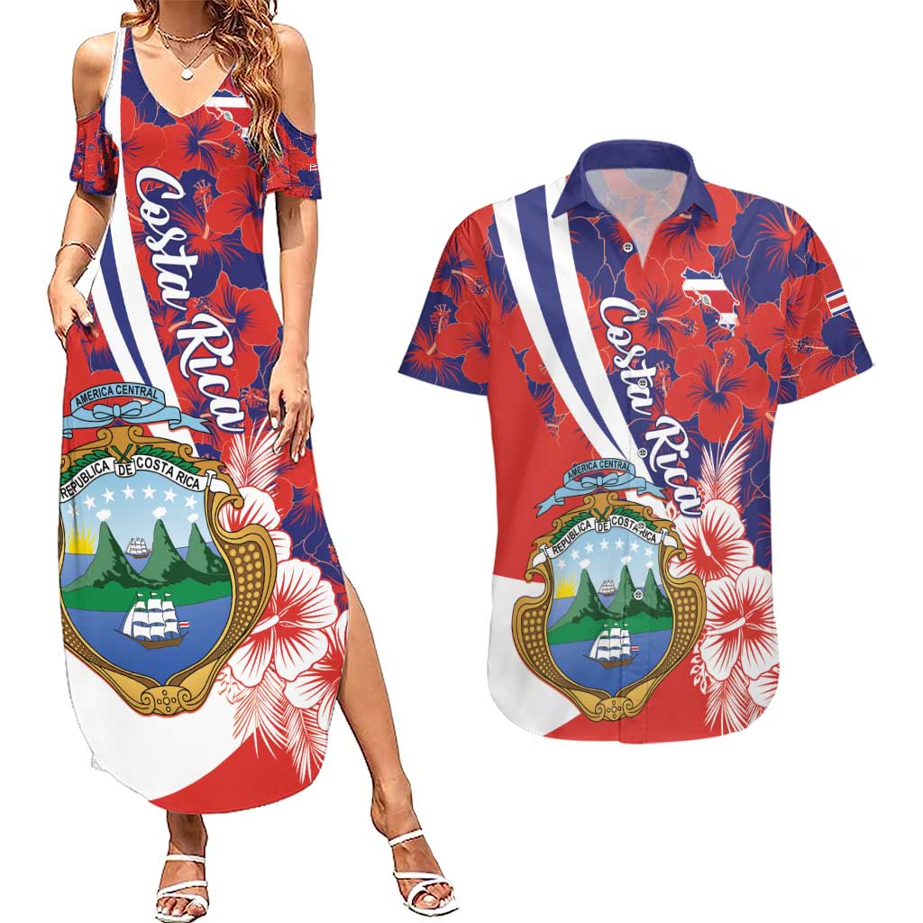 Costa Rica Couples Matching Summer Maxi Dress and Hawaiian Shirt Coat of Arms Hibiscus Pattern - Wonder Print Shop