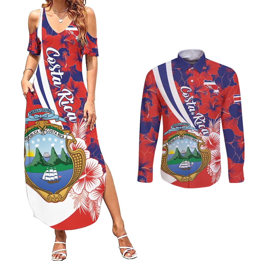 Costa Rica Couples Matching Summer Maxi Dress and Long Sleeve Button Shirt Coat of Arms Hibiscus Pattern - Wonder Print Shop