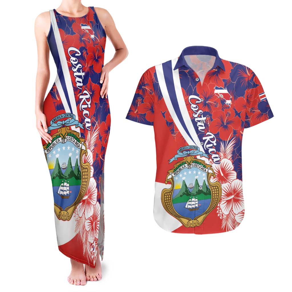 Costa Rica Couples Matching Tank Maxi Dress and Hawaiian Shirt Coat of Arms Hibiscus Pattern - Wonder Print Shop