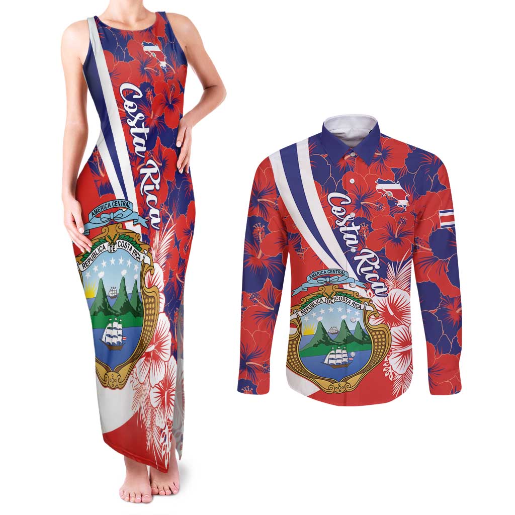 Costa Rica Couples Matching Tank Maxi Dress and Long Sleeve Button Shirt Coat of Arms Hibiscus Pattern - Wonder Print Shop