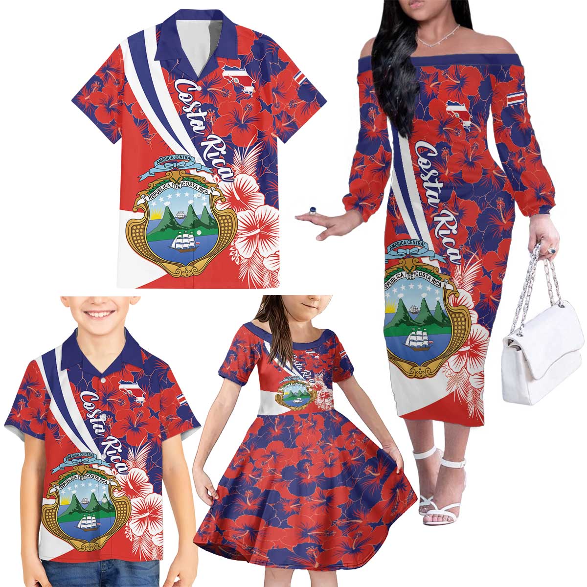 Costa Rica Family Matching Off The Shoulder Long Sleeve Dress and Hawaiian Shirt Coat of Arms Hibiscus Pattern - Wonder Print Shop