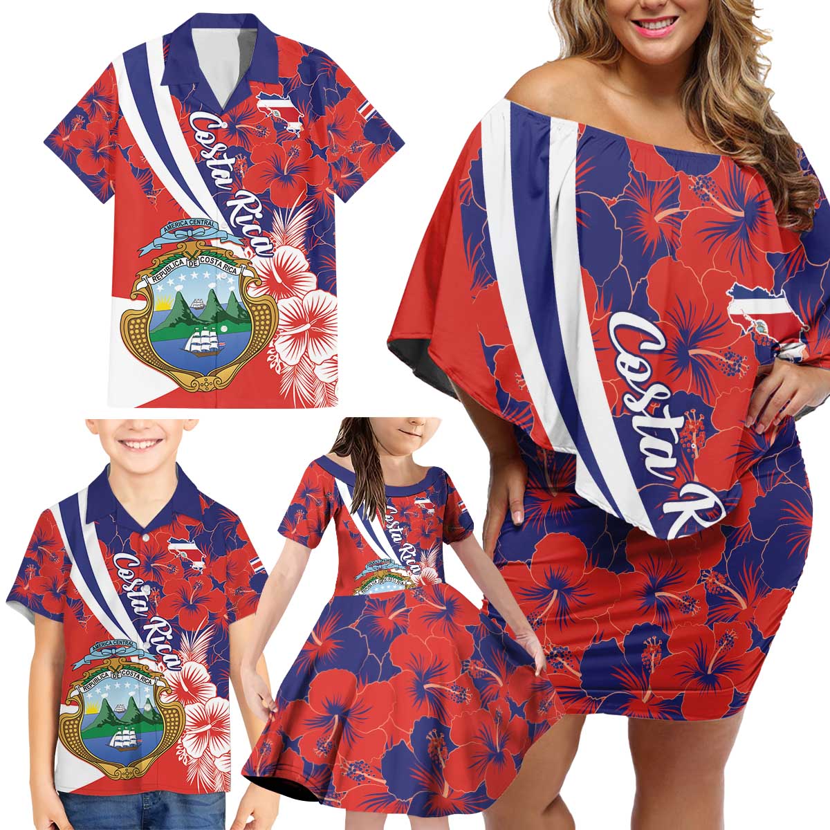 Costa Rica Family Matching Off Shoulder Short Dress and Hawaiian Shirt Coat of Arms Hibiscus Pattern - Wonder Print Shop