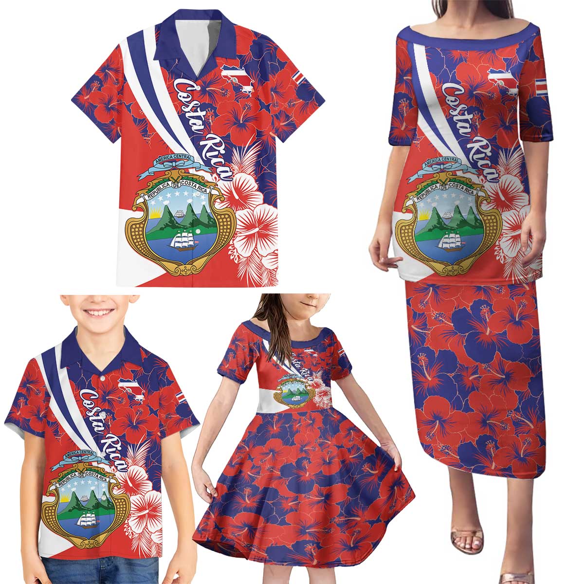 Costa Rica Family Matching Puletasi and Hawaiian Shirt Coat of Arms Hibiscus Pattern - Wonder Print Shop