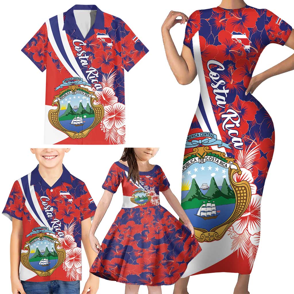 Costa Rica Family Matching Short Sleeve Bodycon Dress and Hawaiian Shirt Coat of Arms Hibiscus Pattern - Wonder Print Shop