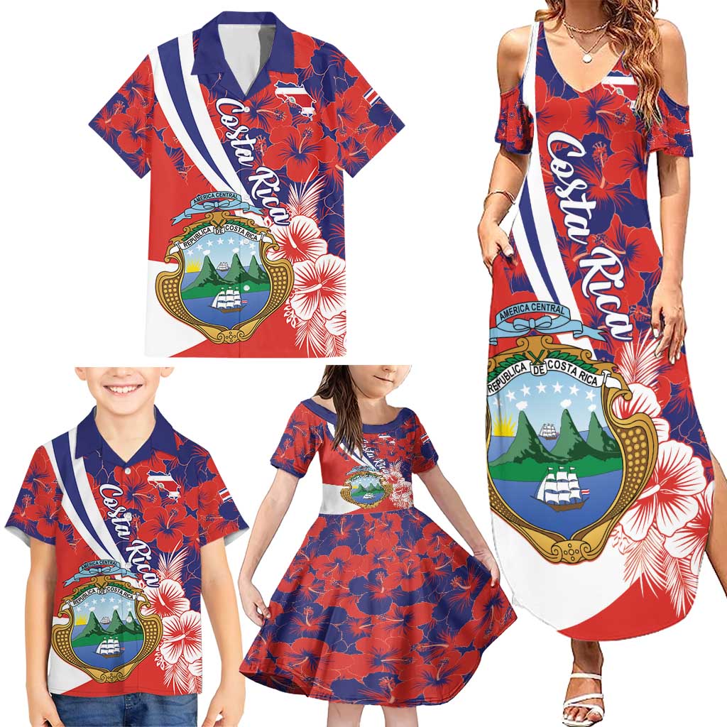 Costa Rica Family Matching Summer Maxi Dress and Hawaiian Shirt Coat of Arms Hibiscus Pattern - Wonder Print Shop