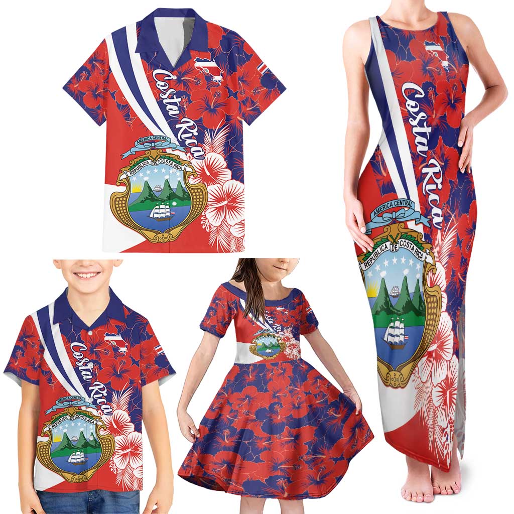 Costa Rica Family Matching Tank Maxi Dress and Hawaiian Shirt Coat of Arms Hibiscus Pattern - Wonder Print Shop