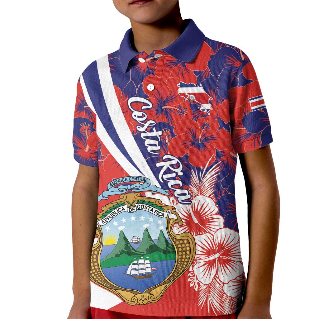 Costa Rica Kid Polo Shirt Coat of Arms Hibiscus Pattern - Wonder Print Shop