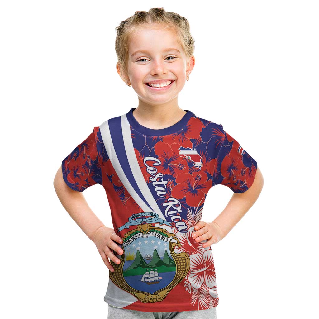 Costa Rica Kid T Shirt Coat of Arms Hibiscus Pattern - Wonder Print Shop