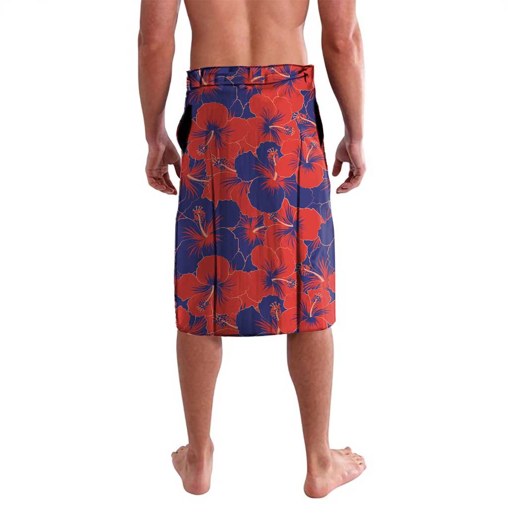 Blue and red hibiscus floral swim shorts with elastic waistband, knee-length