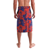 Blue and red hibiscus floral swim shorts with elastic waistband, knee-length