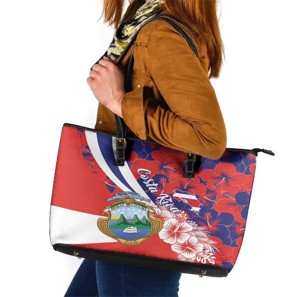 Costa Rica Leather Tote Bag Coat of Arms Hibiscus Pattern - Wonder Print Shop