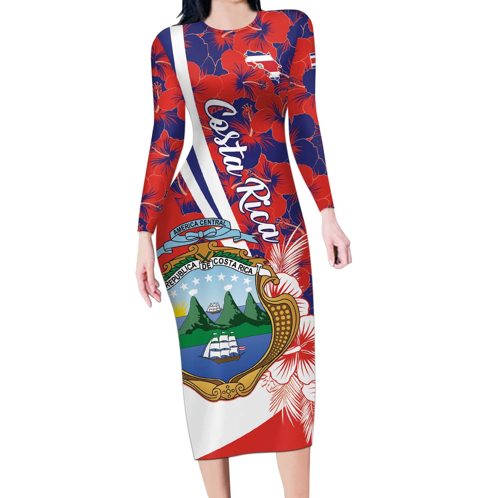 Costa Rica Long Sleeve Bodycon Dress Coat of Arms Hibiscus Pattern - Wonder Print Shop