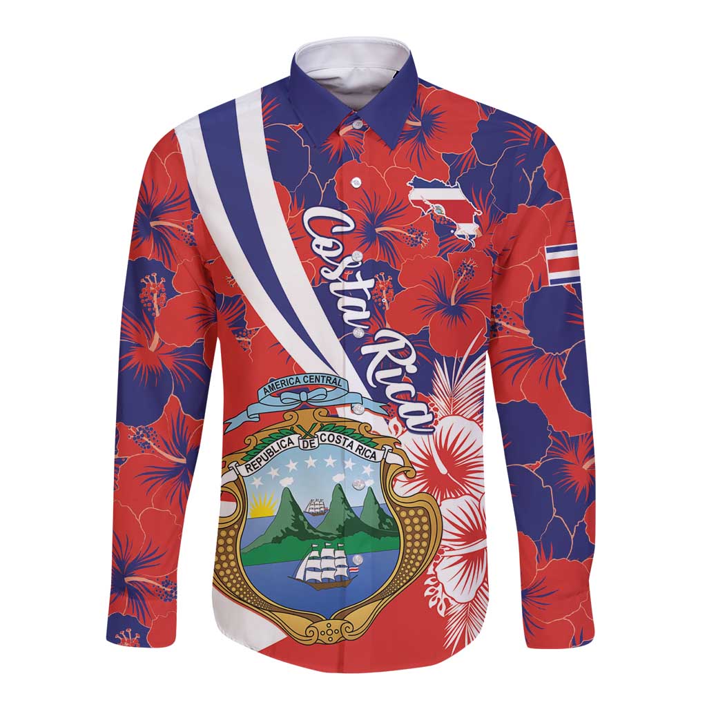 Red and navy long-sleeve button shirt with floral pattern and Costa Rica crest