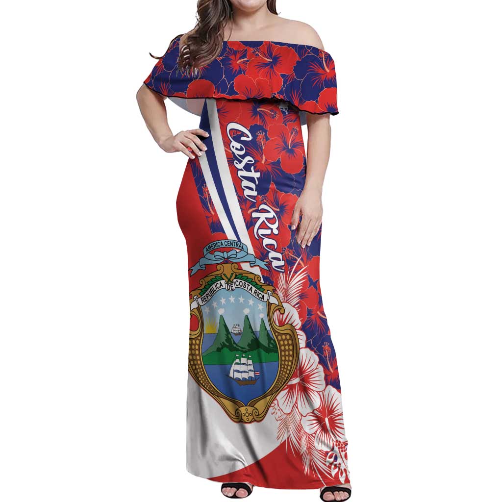 Costa Rica Off Shoulder Maxi Dress Coat of Arms Hibiscus Pattern - Wonder Print Shop