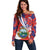 Costa Rica Off Shoulder Sweater Coat of Arms Hibiscus Pattern - Wonder Print Shop