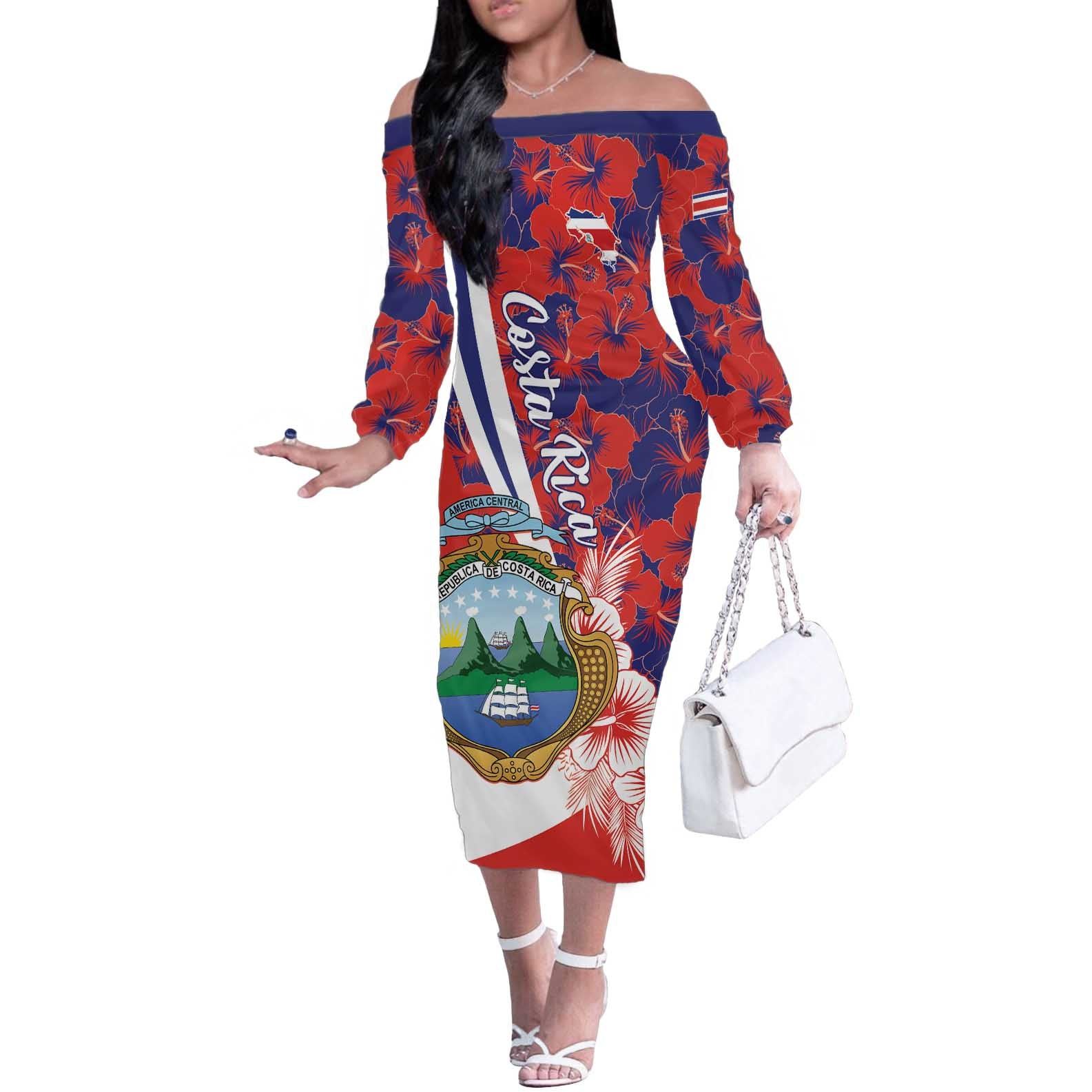 Costa Rica Off The Shoulder Long Sleeve Dress Coat of Arms Hibiscus Pattern - Wonder Print Shop