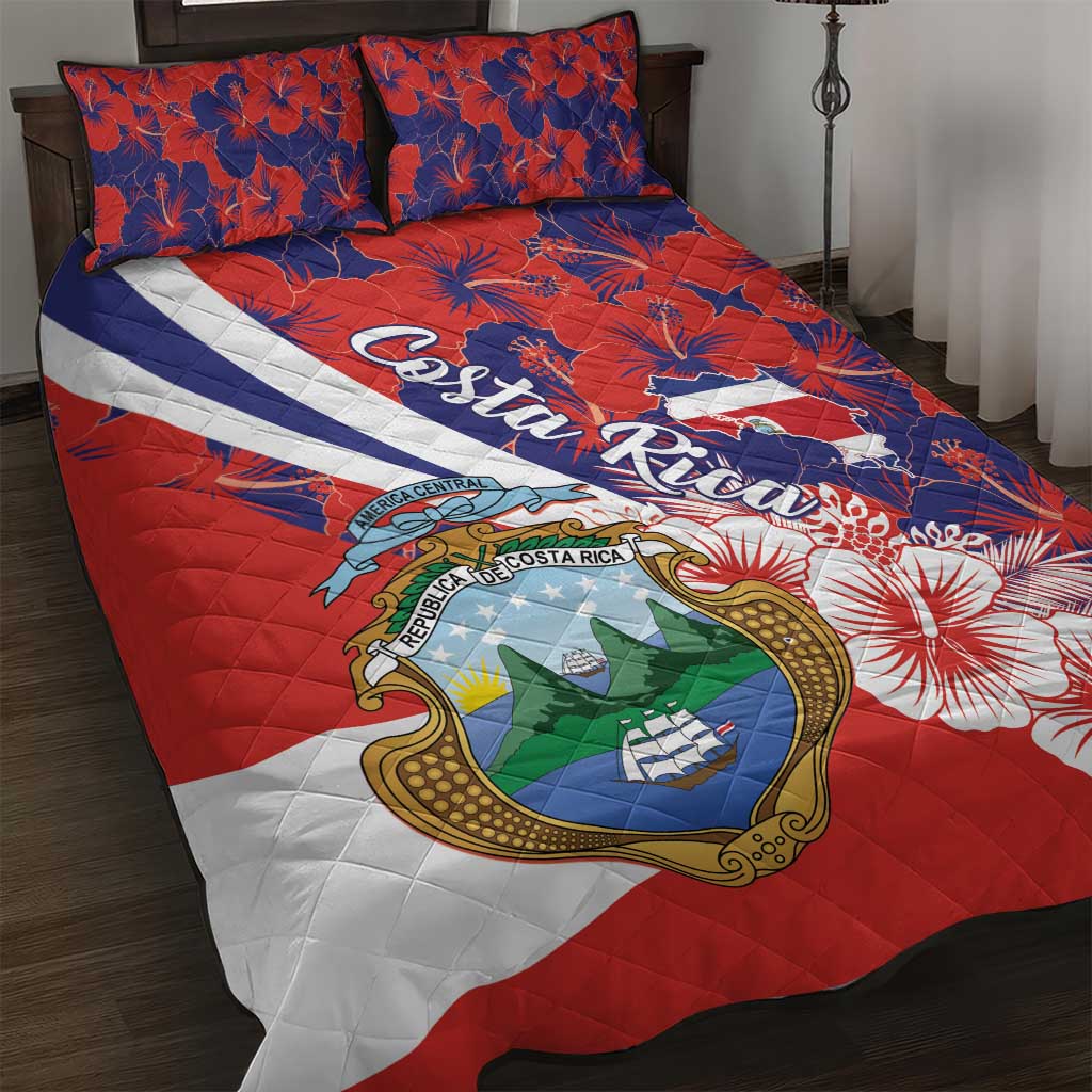 Costa Rica Quilt Bed Set Coat of Arms Hibiscus Pattern - Wonder Print Shop