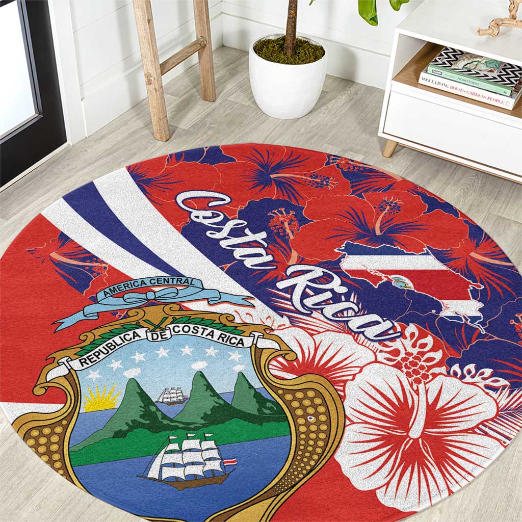 Red round area rug with Costa Rica coat of arms, hibiscus and flag stripes pattern