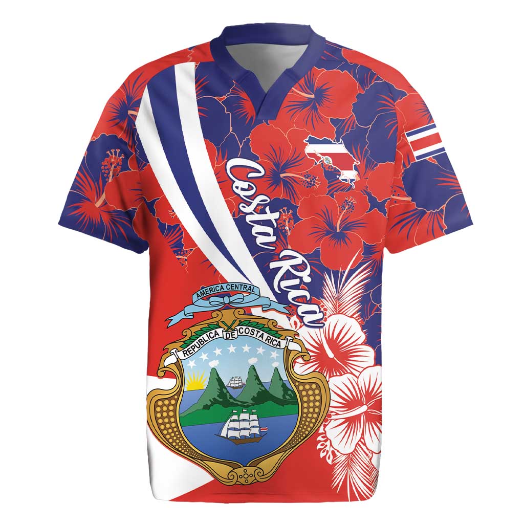 Costa Rica Rugby Jersey Coat of Arms Hibiscus Pattern - Wonder Print Shop