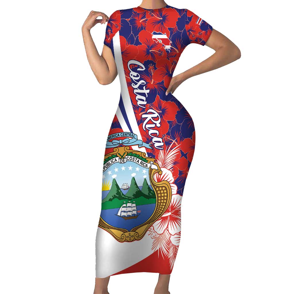 Costa Rica Short Sleeve Bodycon Dress Coat of Arms Hibiscus Pattern - Wonder Print Shop