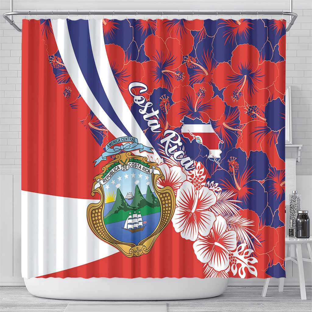 Costa Rica shower curtain showing coat of arms and hibiscus floral print in red and blue