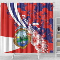 Costa Rica shower curtain featuring coat of arms crest and red blue hibiscus floral pattern