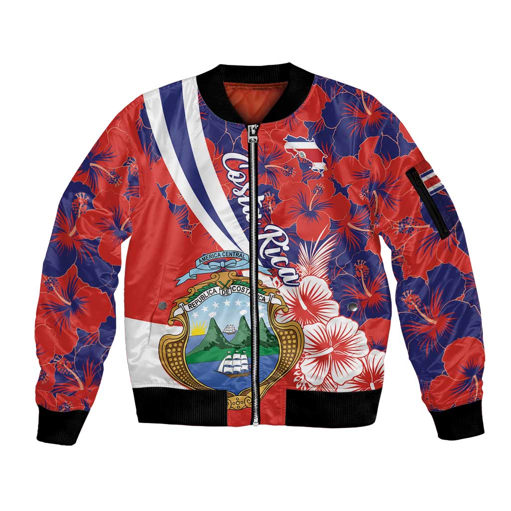 Costa Rica Sleeve Zip Bomber Jacket Coat of Arms Hibiscus Pattern - Wonder Print Shop