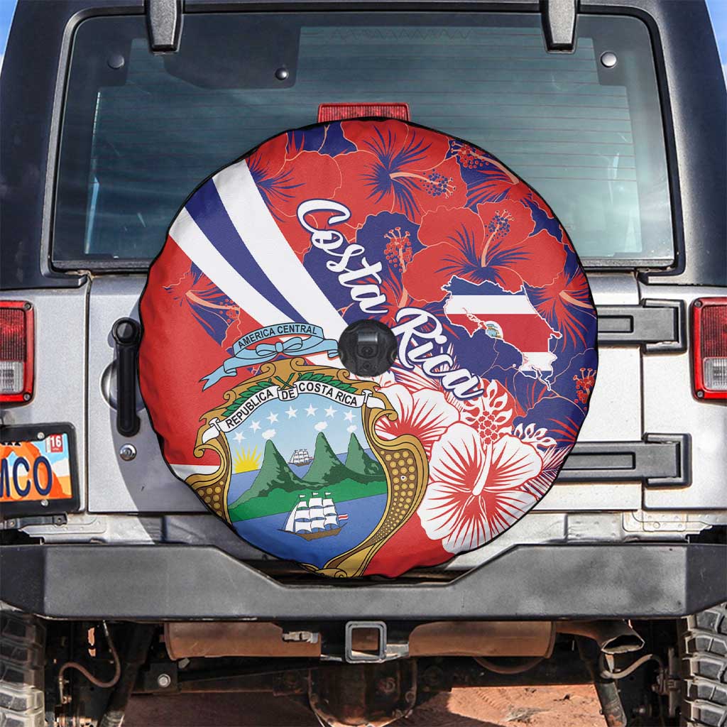 Costa Rica Spare Tire Cover Coat of Arms Hibiscus Pattern - Wonder Print Shop