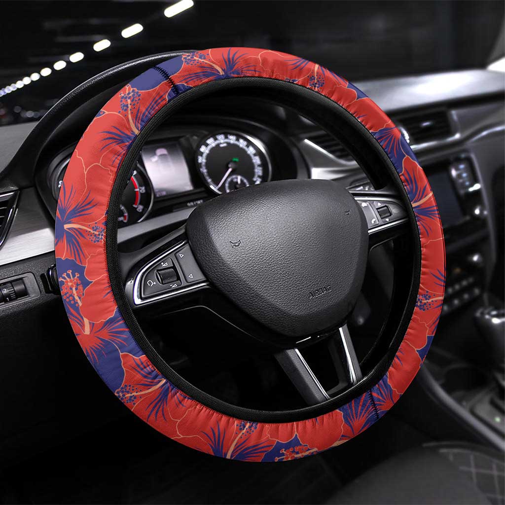 Costa Rica Steering Wheel Cover Coat of Arms Hibiscus Pattern - Wonder Print Shop