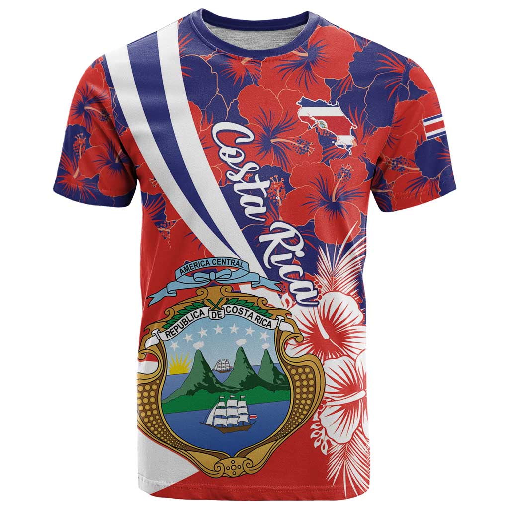 Costa Rica T Shirt Coat of Arms Hibiscus Pattern - Wonder Print Shop