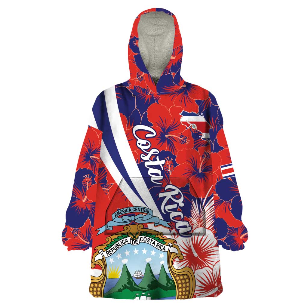 Costa Rica Wearable Blanket Hoodie Coat of Arms Hibiscus Pattern - Wonder Print Shop