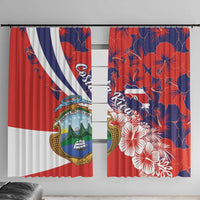 Red and navy window curtain set with Costa Rica crest, white stripes, and hibiscus flowers