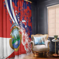 Hanging red and navy window curtains with Costa Rica crest and large hibiscus floral print