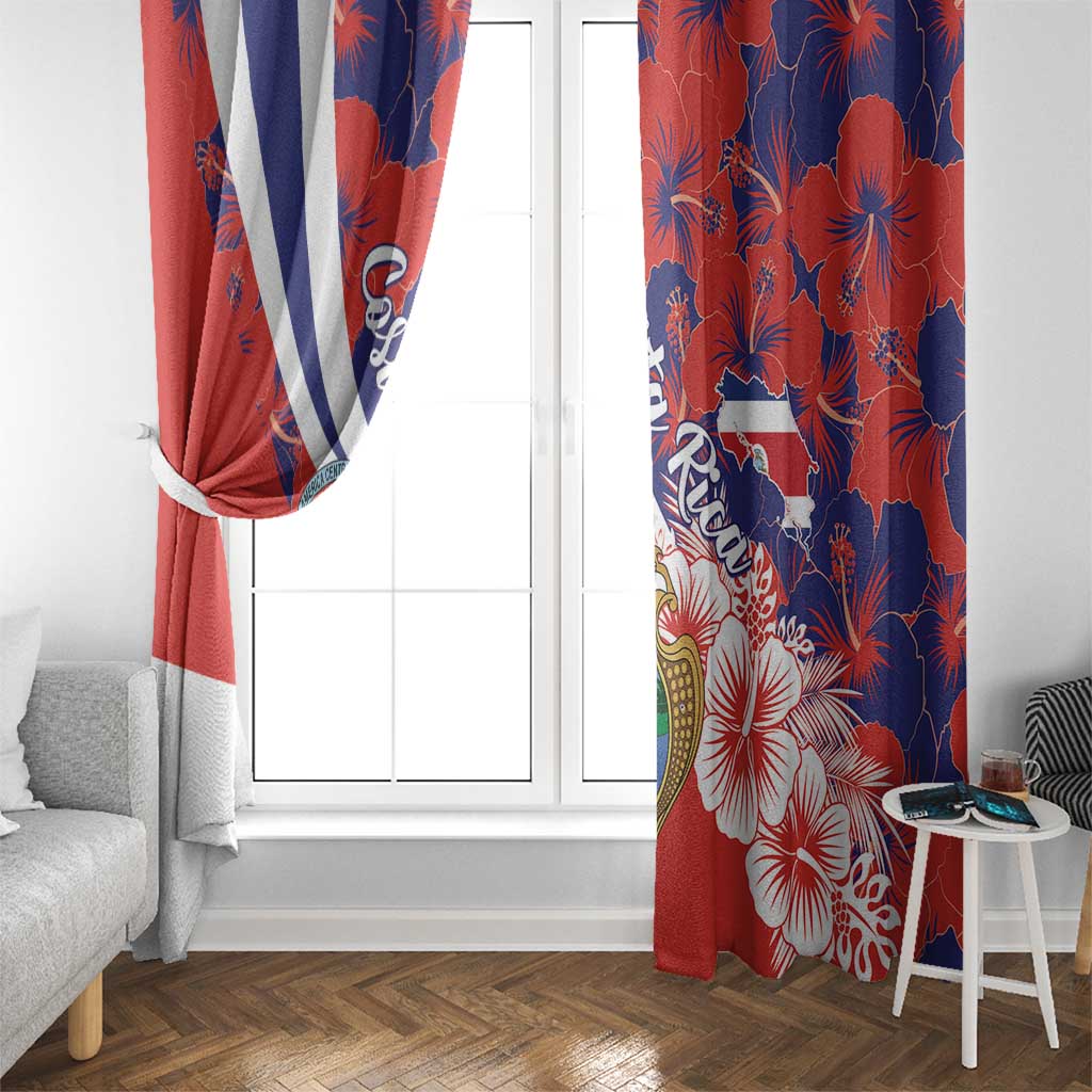 Red and navy window curtains with Costa Rica crest, hibiscus flowers, and white edging