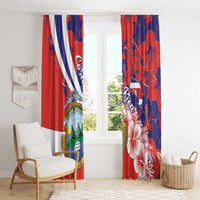 Red and navy curtains featuring Costa Rica crest and hibiscus flowers across the panels