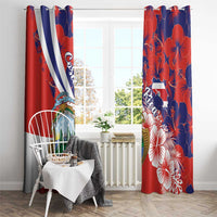 Red and navy hanging curtains with Costa Rica crest and hibiscus floral design