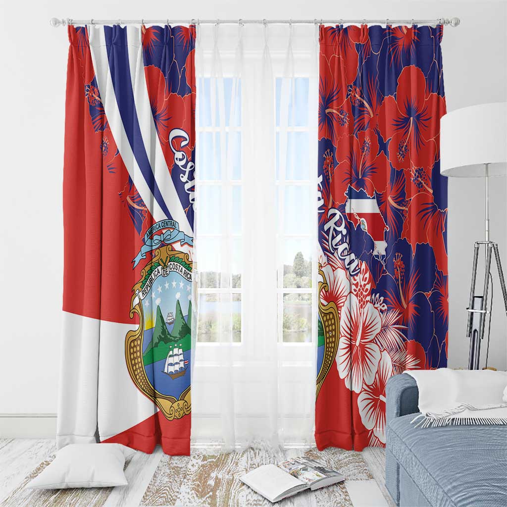 Pair of red and navy curtains with Costa Rica crest details and bright hibiscus flowers