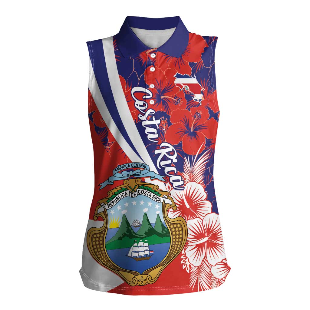 Costa Rica Women Sleeveless Polo Shirt Coat of Arms Hibiscus Pattern - Wonder Print Shop