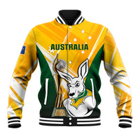 Yellow and green varsity baseball jacket with kangaroo and World Cup trophy graphic