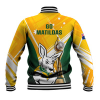 Back view yellow and green varsity baseball jacket with 'GO MATILDAS' and kangaroo