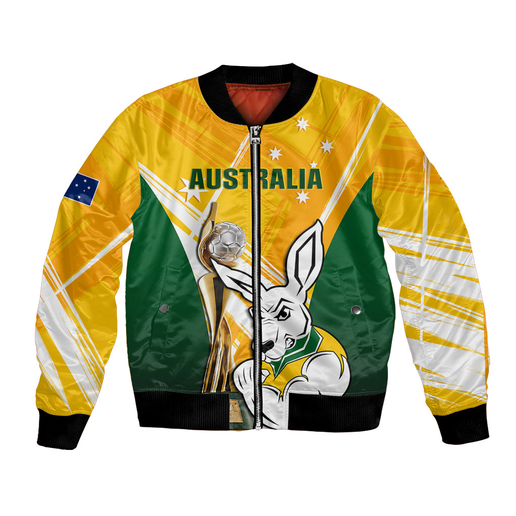Yellow soccer bomber jacket with full-zip, Australia flag accents and kangaroo crest