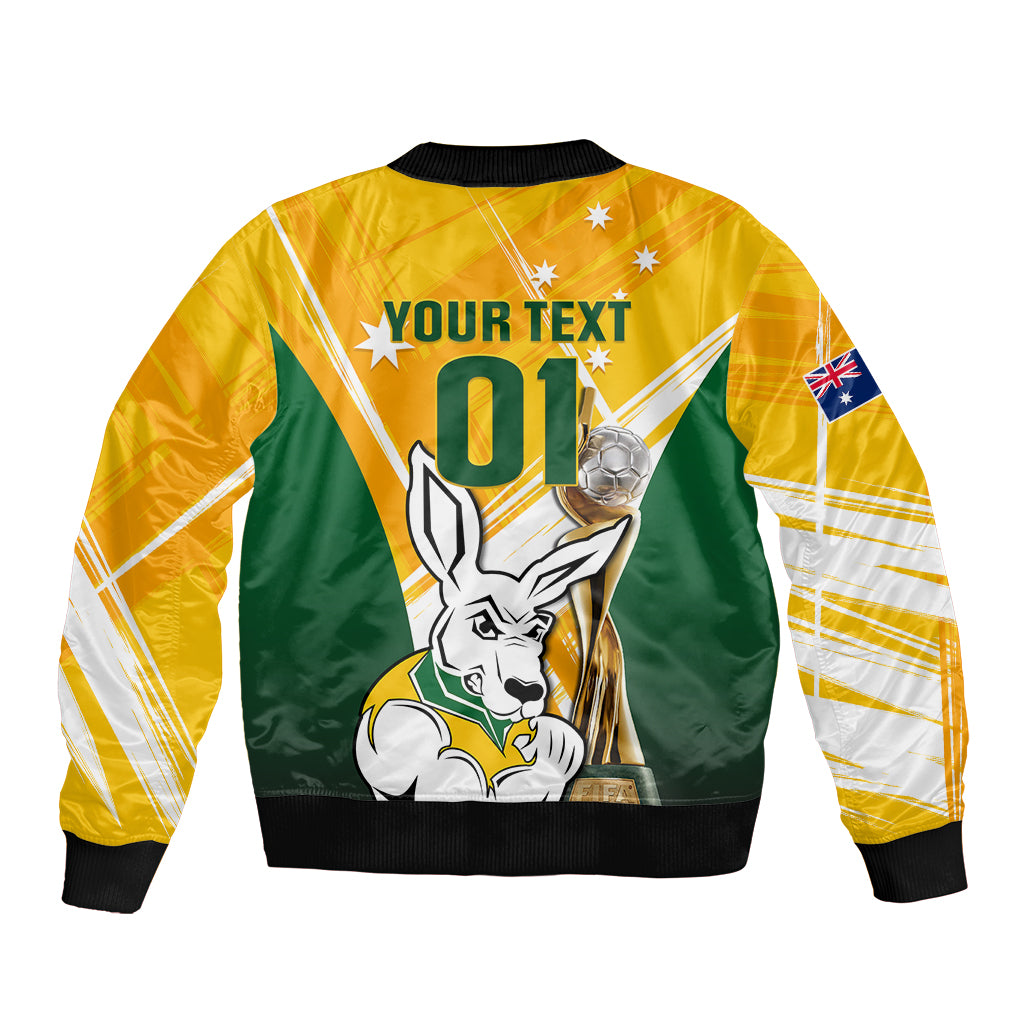 Yellow soccer bomber jacket back print with kangaroo, number 01, and Australia flag sleeve