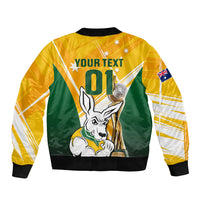 Yellow soccer bomber jacket back print with kangaroo, number 01, and Australia flag sleeve