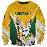 Yellow Australia soccer sweatshirt with kangaroo graphic, trophy, and green stripe