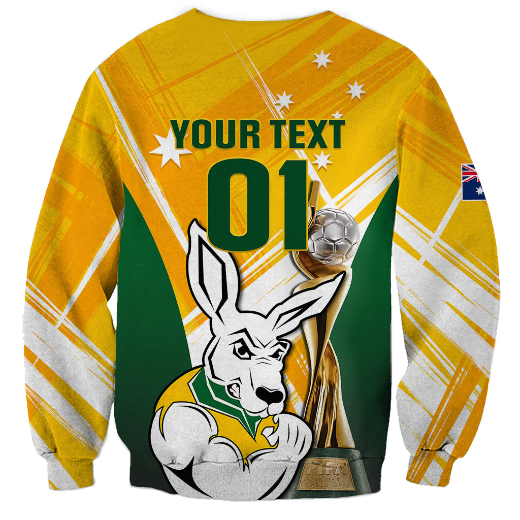 Yellow soccer sweatshirt with YOUR TEXT 01, kangaroo and trophy graphic