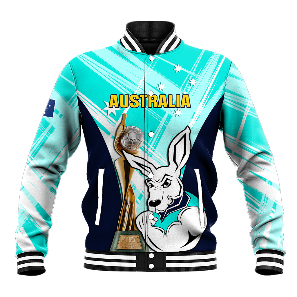 Turquoise varsity jacket with kangaroo graphic, trophy print, snap-button front
