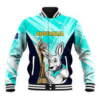 Turquoise varsity jacket with kangaroo graphic, trophy print, snap-button front