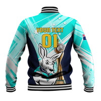 Turquoise varsity jacket back with kangaroo graphic and 'YOUR TEXT 01' print